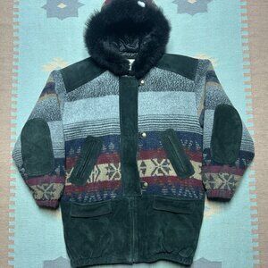Vintage 80s Aztec toggle coat wool leather hooded jacket insulated women’s XL